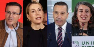 PSOE, Miguel Ángel Gallardo; PP, María Guardiola; VOX, Óscar Fernández Calle, y Unidas por Extremadura, Irene de Miguel