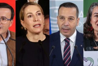 PSOE, Miguel Ángel Gallardo; PP, María Guardiola; VOX, Óscar Fernández Calle, y Unidas por Extremadura, Irene de Miguel