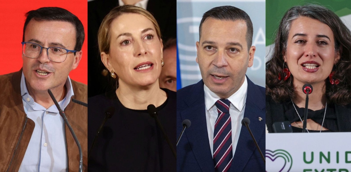 PSOE, Miguel Ángel Gallardo; PP, María Guardiola; Vox, Óscar Fernández Calle, y Unidas por Extremadura, (Podemos+IU+AV) Irene de Miguel.