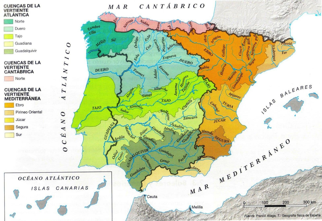 Mapa de cuencas hidrográficas en España