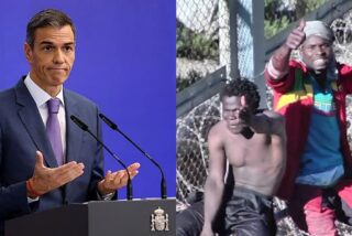 Pedro S&aacute;nchez e inmigrantes tratando de saltar la valla de Ceuta.