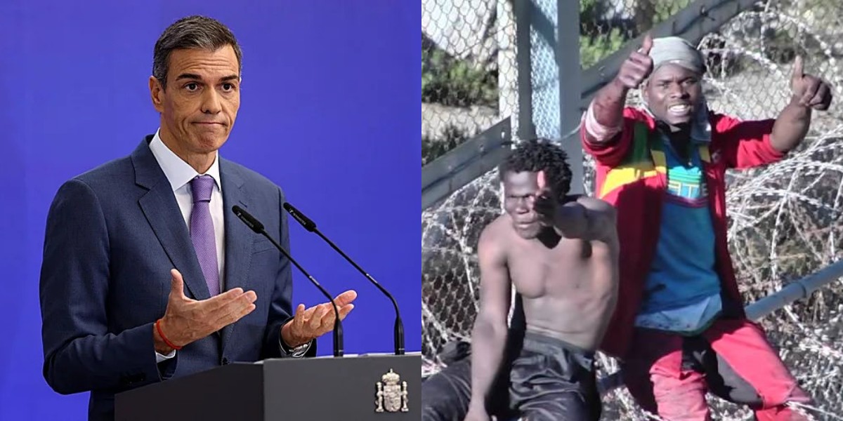 Pedro S&aacute;nchez e inmigrantes tratando de saltar la valla de Ceuta.