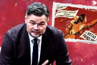 Gabriel Rufi&aacute;n (ERC) y un cartel de propaganda del Frente Popular 