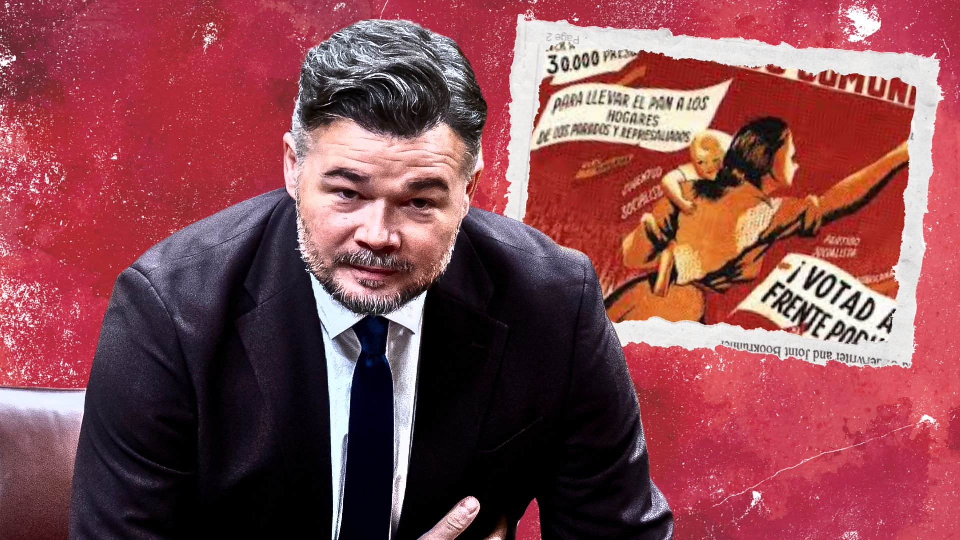 Gabriel Rufián (ERC) y un cartel de propaganda del Frente Popular