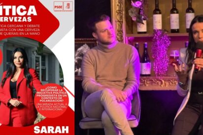 Sarah Santaolalla durante su performance cervecera con el PSOE.