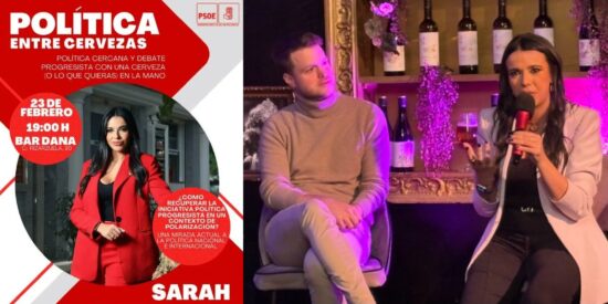 Sarah Santaolalla durante su performance cervecera con el PSOE.