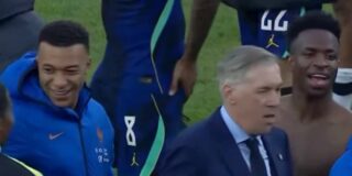 Mbapp&eacute;, Ancelotti y Vinicius.