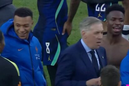 Mbapp&eacute;, Ancelotti y Vinicius.