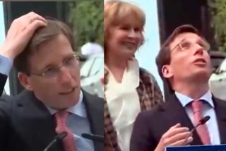 El instante en que una paloma caga sobre la cabeza de Almeida y el alcalde de Madrid lo toma a risa