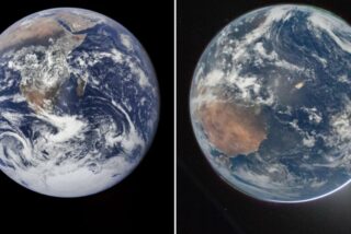 A la izquierda, la foto de la Tierra tomada por el Apollo en 1972, a la derecha, la del Artemis en 2026