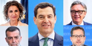 Los candidatos a las elecciones de Andalucía, María Jesús Montero, Antonio Maíllo, Juanma Moreno, Manuel Gavira y José Ignacio García