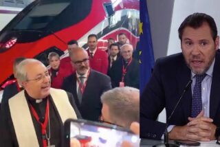 El obispo bendiciendo el tren y &Oacute;scar Puente, irritado por la escena.
