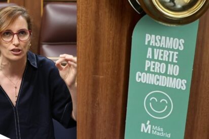 M&oacute;nica Garc&iacute;a y el cart&oacute;n que va dejando M&aacute;s Madrid por las viviendas vac&iacute;as.