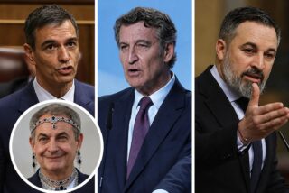 Sánchez con su socio Zapatero, (PSOE), Feijóo (PP) y Abascal (VOX)