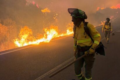 Un bombero en plenas tareas de extinci&oacute;n del incendio en Los Gallardos.