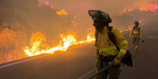 Un bombero en plenas tareas de extinci&oacute;n del incendio en Los Gallardos.