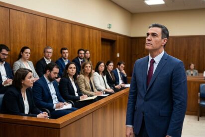 Pedro S&aacute;nchez y, de fondo, recreaci&oacute;n de un jurado popular 
