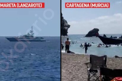Una patrullera de la Guardia Civil protege el ba&ntilde;o de S&aacute;nchez en La Mareta mientras las pateras invaden las desprotegidas playas de Murcia