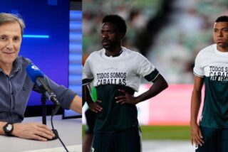 Paco Gonz&aacute;lez y dos de los jugadores merengues que se negaron a ense&ntilde;ar el mensaje de apoyo a Ceuta, Vinicius y Mbappe.