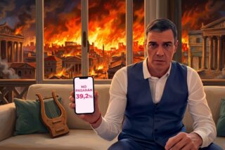 Pedro S&aacute;nchez haciendo recomendaciones mientras Espa&ntilde;a arde - Imagen generada con IA